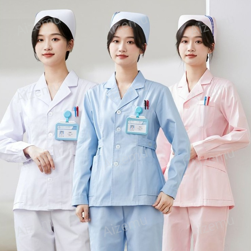 Medical Lab Coats - ชุดยูนิฟอร์มพยาบาลแขนยาวสีขาวใหม่ เสื้อกาวน์แพทย์สำหรับผู้หญิง เสื้อผ้าทางการแพทย์ เสื้อสครับสำหรับร้านเสริมสวย รับสกรีนโลโก้ตามสั่ง