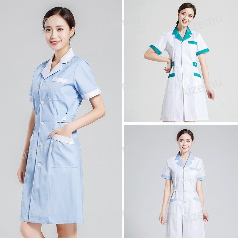 Medical Lab Coats - ชุดยูนิเซ็กซ์แขนสั้นสำหรับร้านเสริมสวย สีขาว ชุดยูนิฟอร์มแพทย์ ชุดคลุมแล็บ ชุดยูนิฟอร์มสำหรับร้านตัดขนสัตว์และสปา รับสกรีนโลโก้