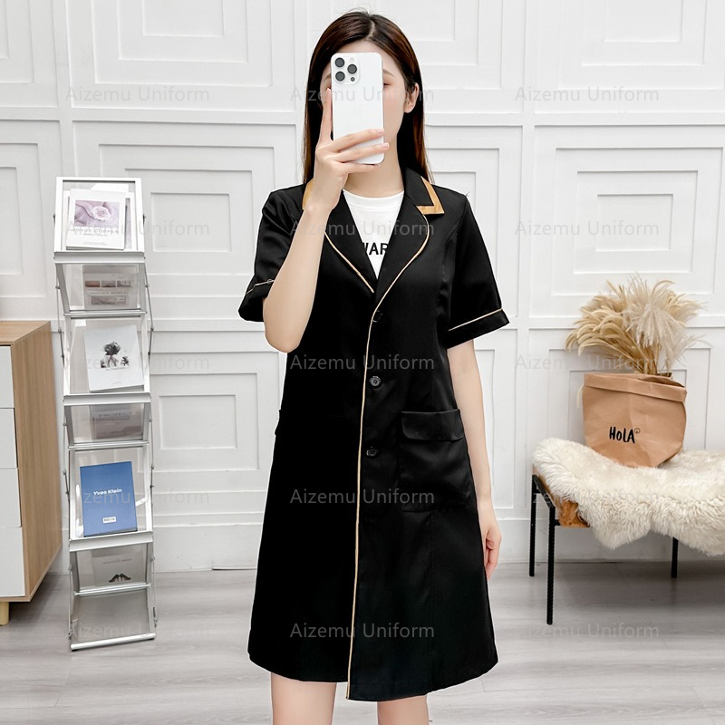 ความงามสีดําชุดBeautycian Robe - Medical Lab Coats บทวิจารณ์และราคา